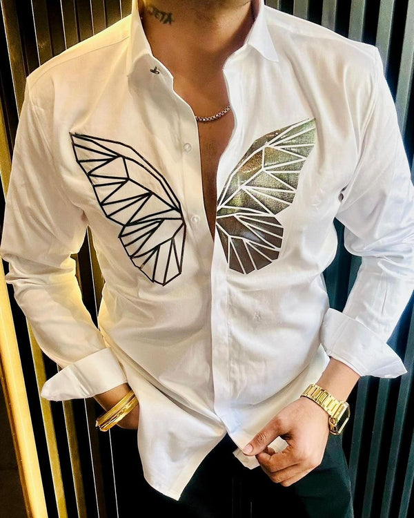 White & Silver Butterfly Front Print Party Shirt